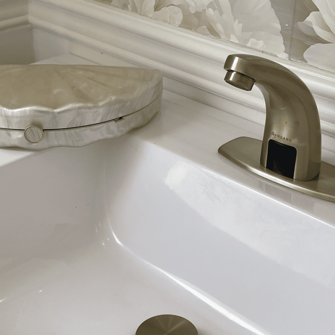 Interior of Toiluxe luxury restroom trailer with marble countertops